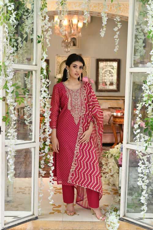 Rooh chanderi Suit Set with Marodi Work on Neck and Scallop Border Dupatta