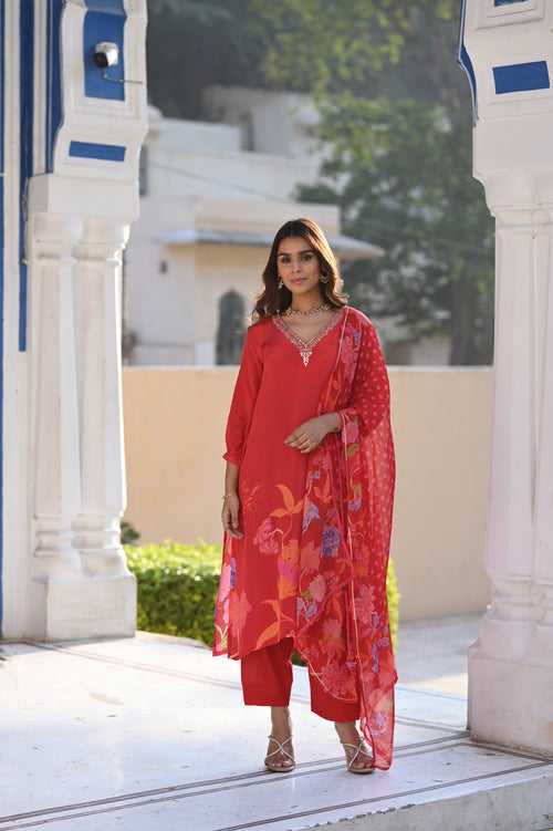 Red Ikhtiyar Crepe Floral Suit Set with Gota Work