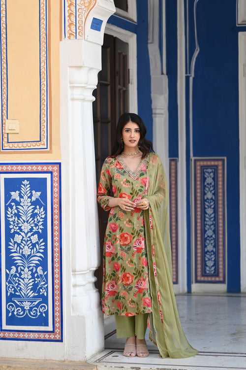 Green and Pink Kashish Suit Set with Marodi Work on Neck