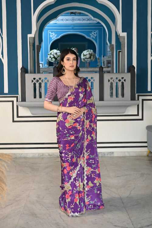 Purple Fleuriste Scallope Mirror Border Pure Crepe Saree