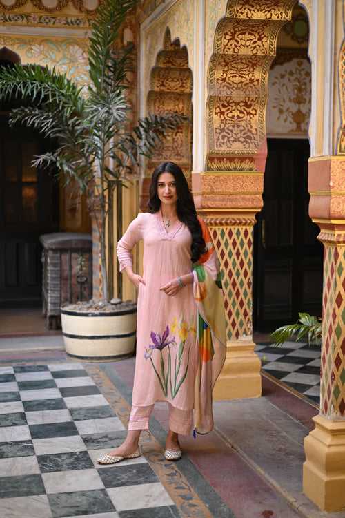 Powder Pink Pure Linen Floral Print Placement Suit set with Multicoloured Dupatta