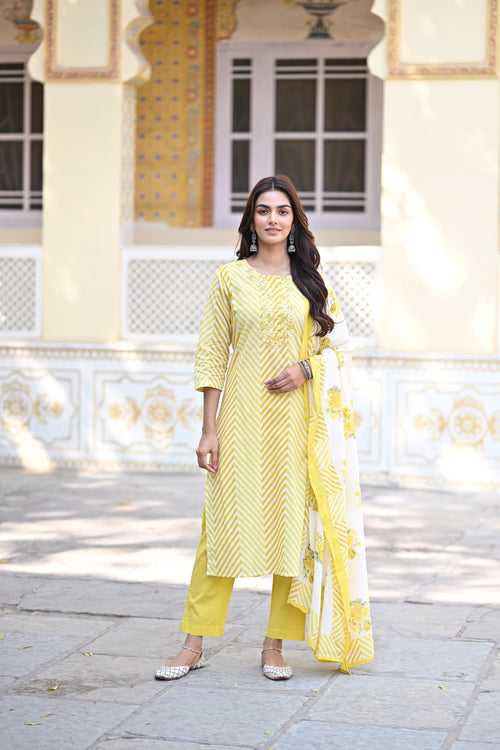 Yellow Izra Zigzag Cotton Suit Set with Thread work and Floral Print Kota Doriya Cotton Dupatta