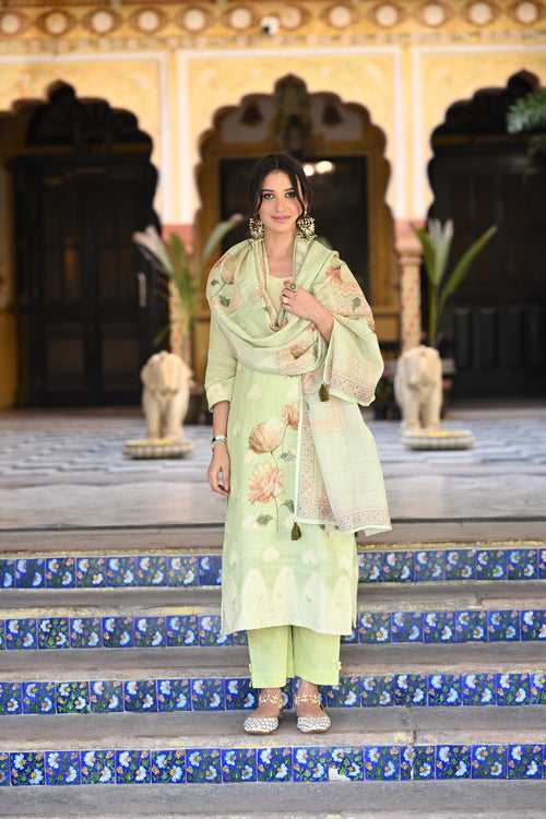 Pastel Green Pure Linen Jacquard Floral Print Suit Set