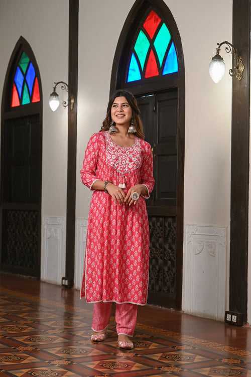 Pink Block Print Muslin Kurta Set