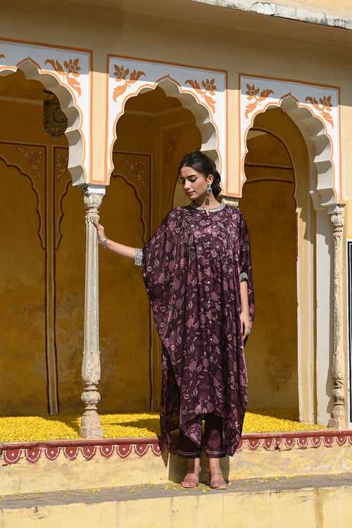 Dark Purple Gajji Silk Kaftan with Pants with Gota & Tari Work