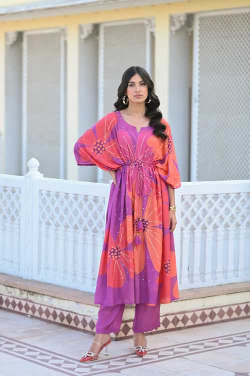 Pink and Orange Bold Floral Print with Spread Sequins and Tari Work Kaftan with Pants