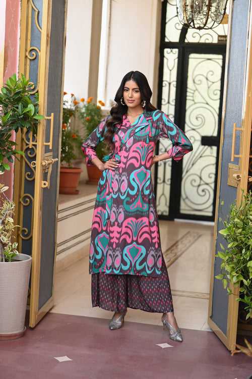 Pretty Pink Ikat Print Wrap Around Kurta with Flared Pants