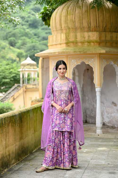 Purple Blossom Muslin Sharara Set