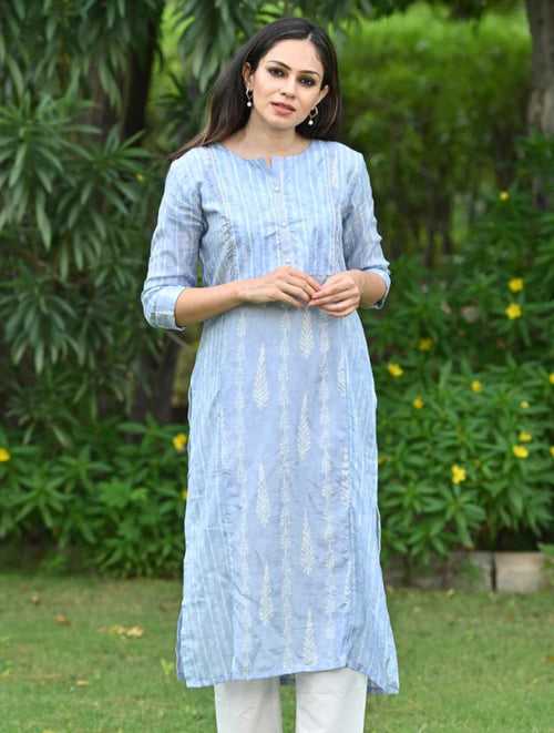 Sky Blue Muslin Kurta with Pearl Buttons