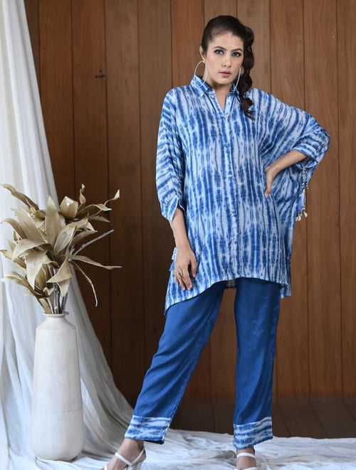 Blue Shibori Muslin Kaftan Set