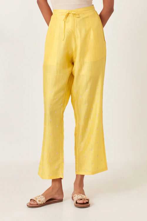 Yellow silk straight pants