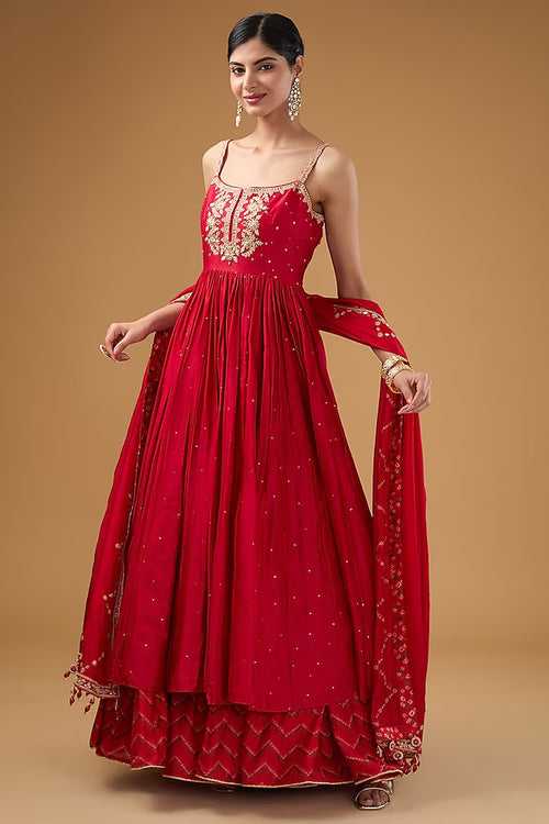 Red Chanderi Silk & Organza Silk Anarkali Set