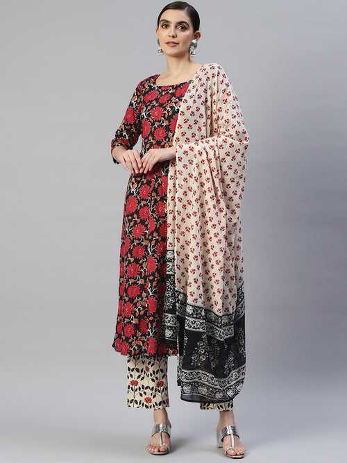 Women Black Floral Printed Pure Cotton Kurta with Trousers & With Dupatta