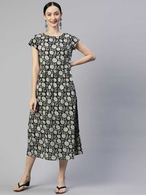 Black Floral Printed Cotton A-Line Dress