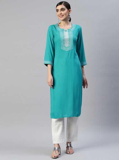 Turquoise Blue Yoke Design Mirror Work Kurta