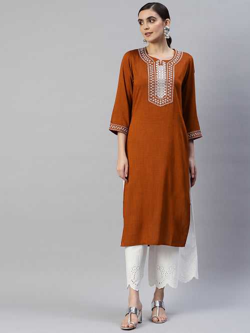 Rust Yoke Design Mirror Work Kurta