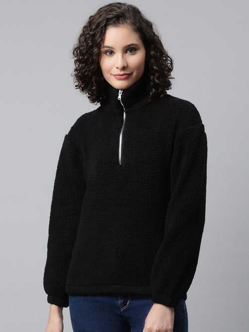 Women Black Faux Fur Sweatshirt, Half Zipper