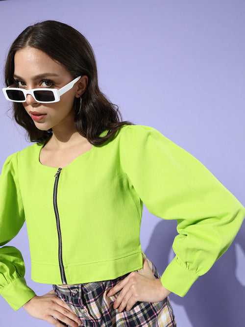 Women Fluorescent Green Solid Pure Cotton Cropped Jacket