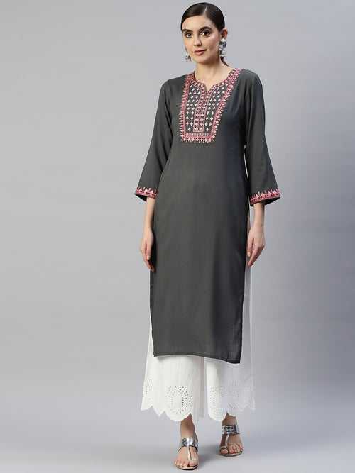 Charcoal Ethnic Motifs Yoke Design Thread Work Kurta