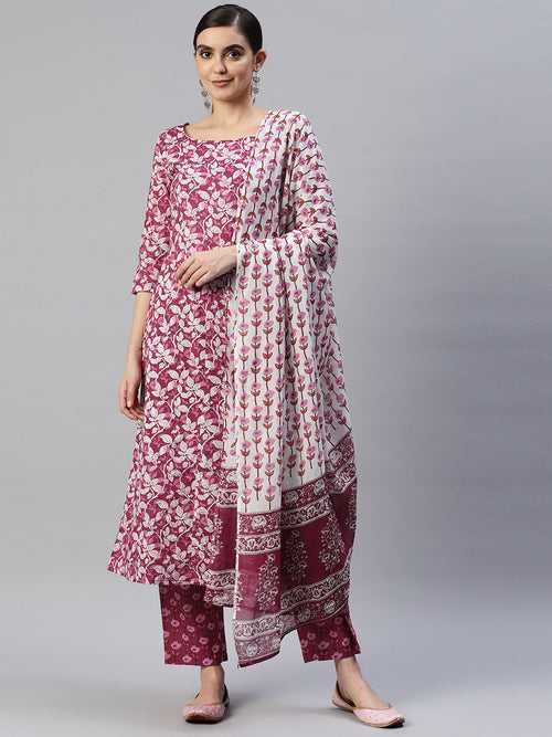 Women Fuchsia Floral Printed Pure Cotton Kurta with Trousers & With Dupatta