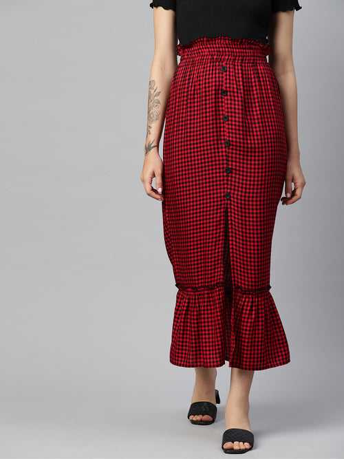 Gingham Checks Front Slit Skirt