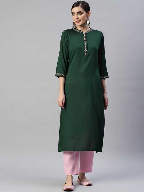 Green Floral Yoke Design Thread Work Kurta