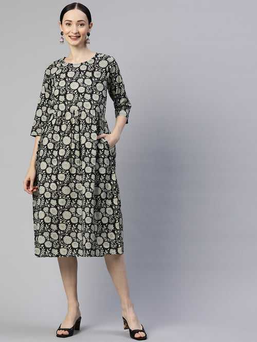 Black Floral Cotton A-Line Midi Dress with Pocket