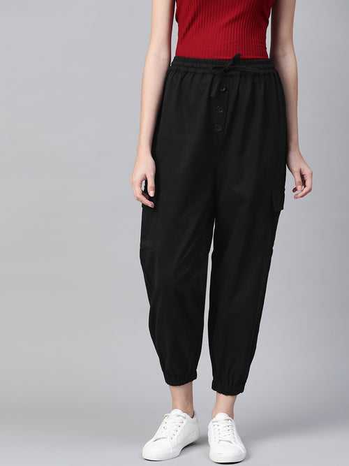 Women Black Cotton Cropped Joggers