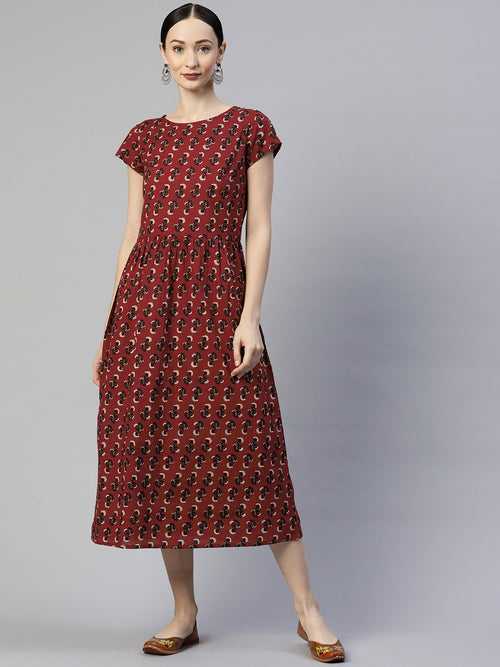 Maroon Floral Printed Cotton A-Line Dress