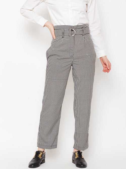 Popnetic Women Black Regular Fit Checked Parallel Trousers