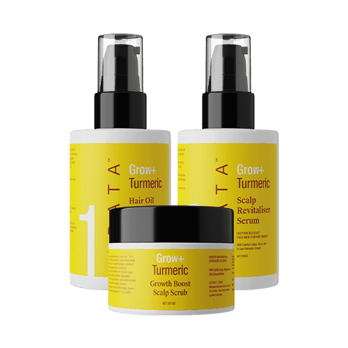 Arata  Grow + Turmeric Range | Hair Oil  100ml, Scalp Scrub 50g & Scalp Revitaliser Serum  100ml