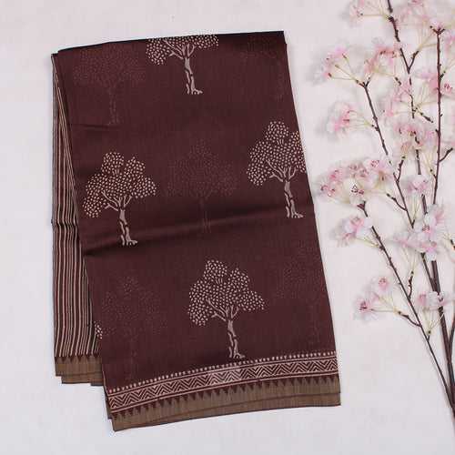 Pecan Brown Chanderi Printed Cotton Saree