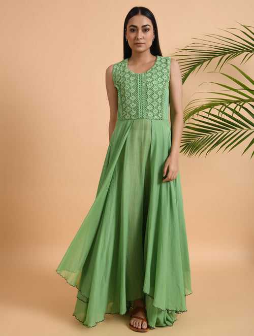 Green Lace Trimmed Double Layered Dress