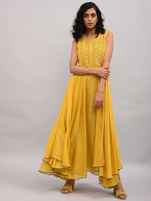 Yellow Lace Trimmed Double Layered Dress