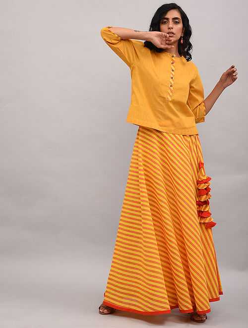 Yellow Cotton Top with Striped Skirt