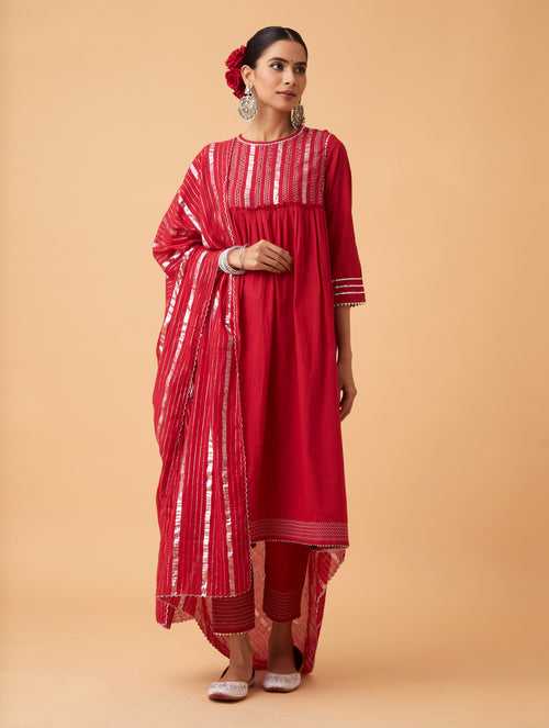 Red Gathered Kurta Set