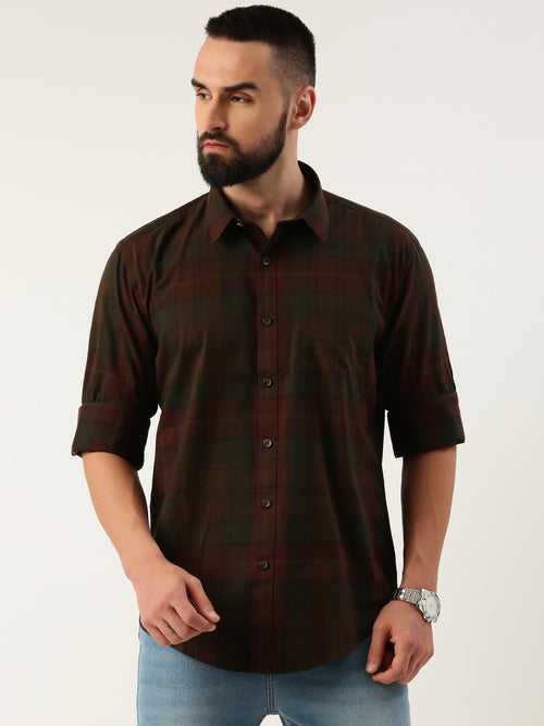 Wine Opaque Checked Casual Shirt