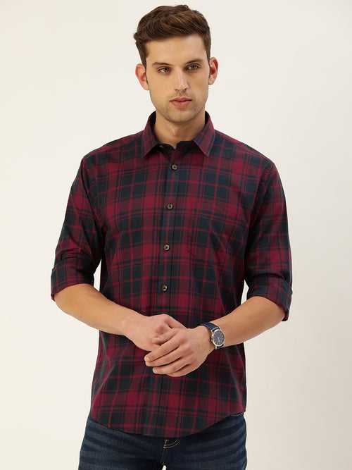 Navy Blue & Red Classic Opaque Checked Casual Shirt