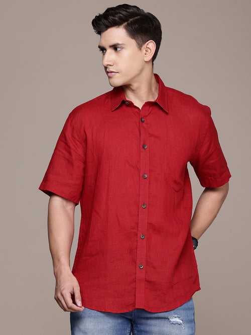 Red Half Sleeve Solid Linen Shirt