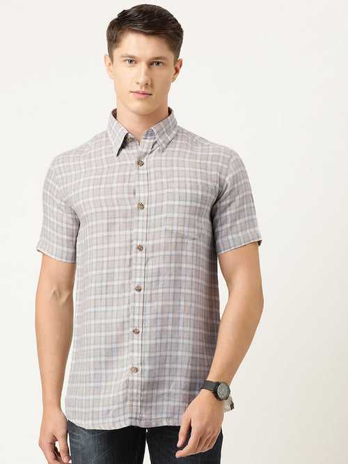 Off-White Grey Linen Regular Fit Checked Casual Shirt