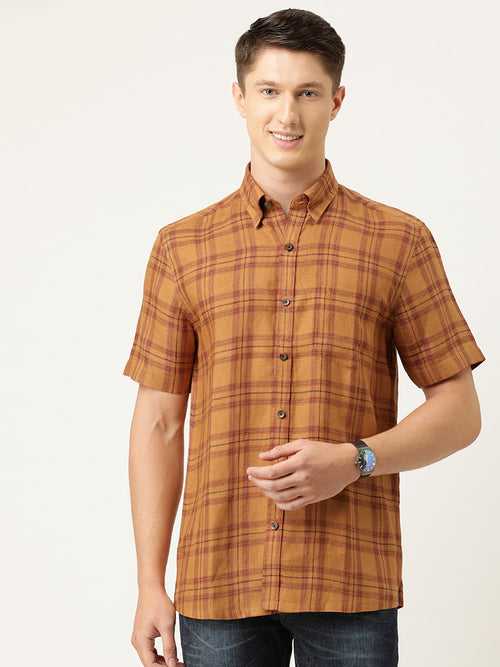 Orange  Brown Pure European Linen Slim Fit Checked Casual Shirt