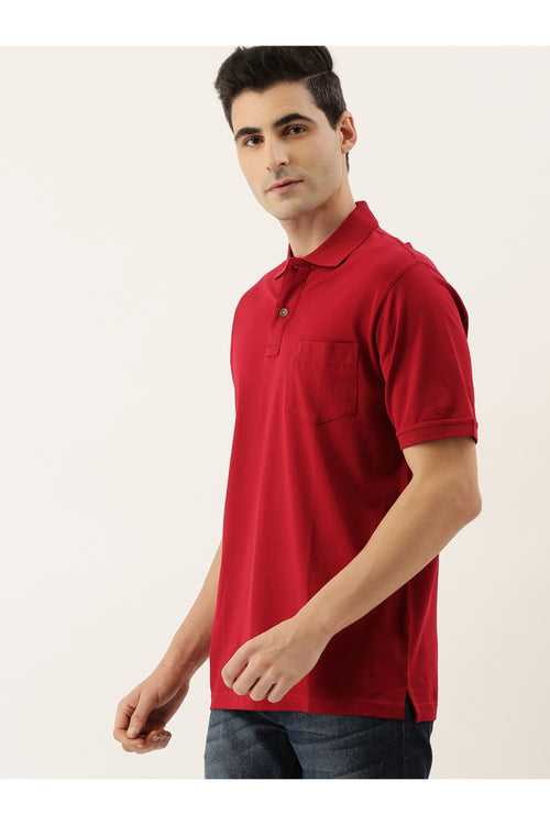 Red Solid Polo Collar Pure Cotton T-shirt