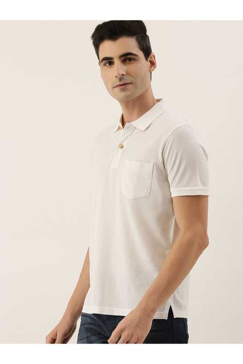 White Solid Polo Collar Pure Cotton T-shirt