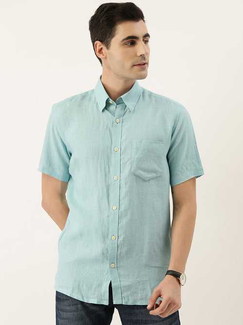 Aqua Solid Half Sleeves Linen Shirt