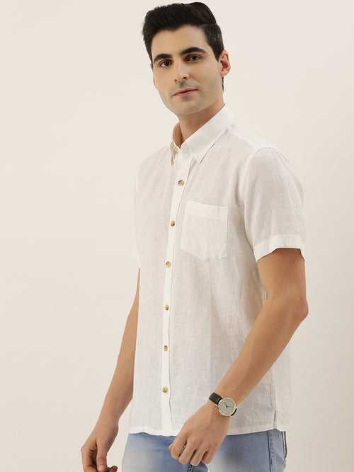 White Linen Solid Half Sleeve Shirt