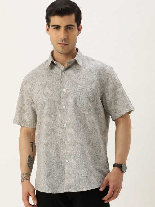 Beige & Grey Linen Cotton Printed Shirt