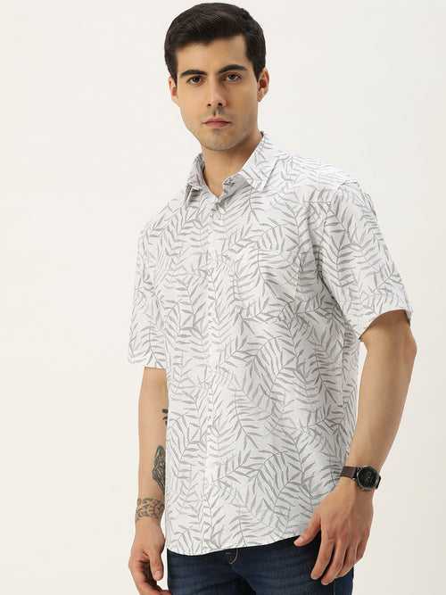 White & Grey Leaf Design Printed Shirt