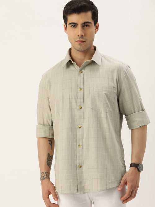 Beige Checks Cotton Regular Fit Casual Shirt