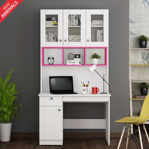 Swotty Study Table with O/H Storage- Pink & Frost White