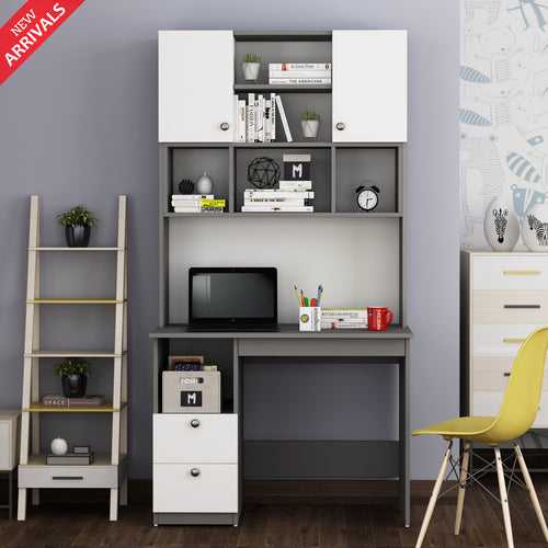 Avenly Study Table with O/H Storage- Grey & Frosty White